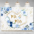 12x8ft Wedding Backdrop Mr and Mrs Blue Flowers Greenery Gold Dots