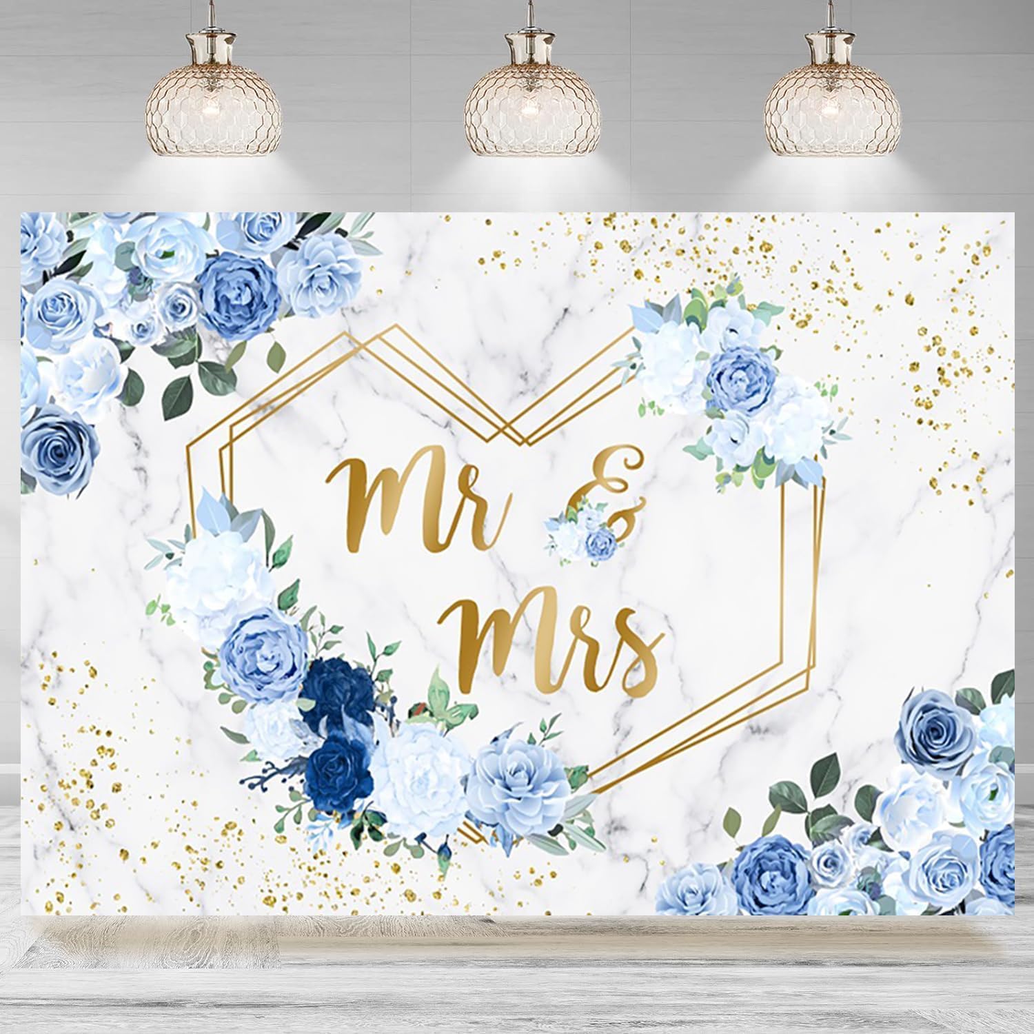 12x8ft Wedding Backdrop with Blue Flowers and Gold Dots
