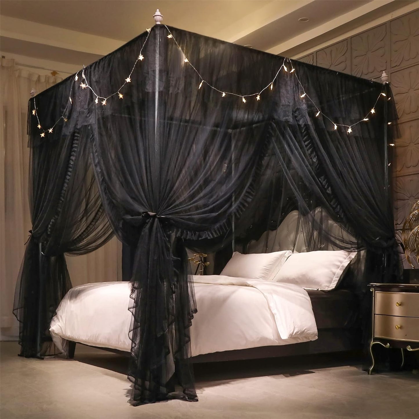 VETHIN 4 Corners Post Ruffle Princess Bed Canopy Curtain