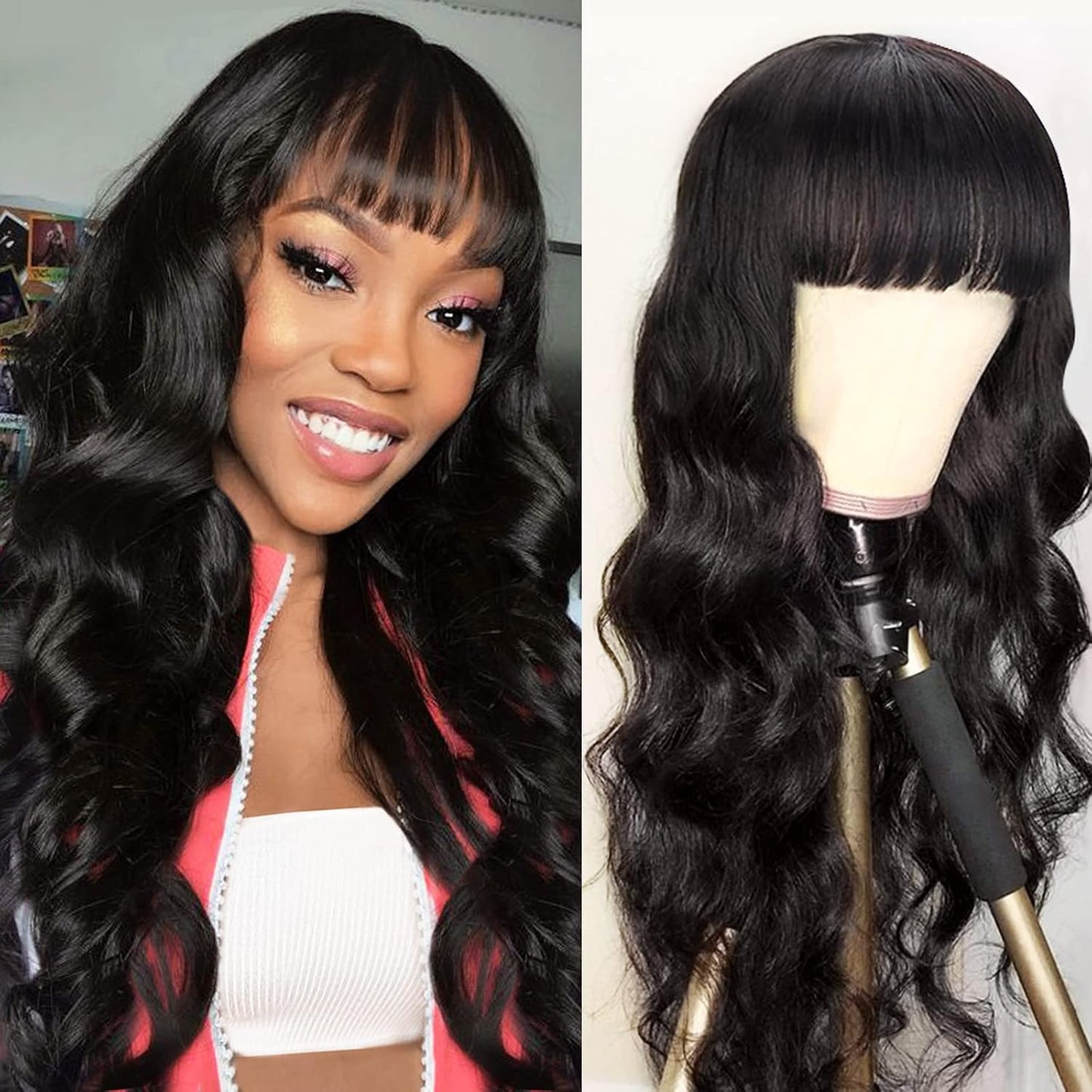 Wigs with Bangs Human Hair for Black Women - Body Wave Style