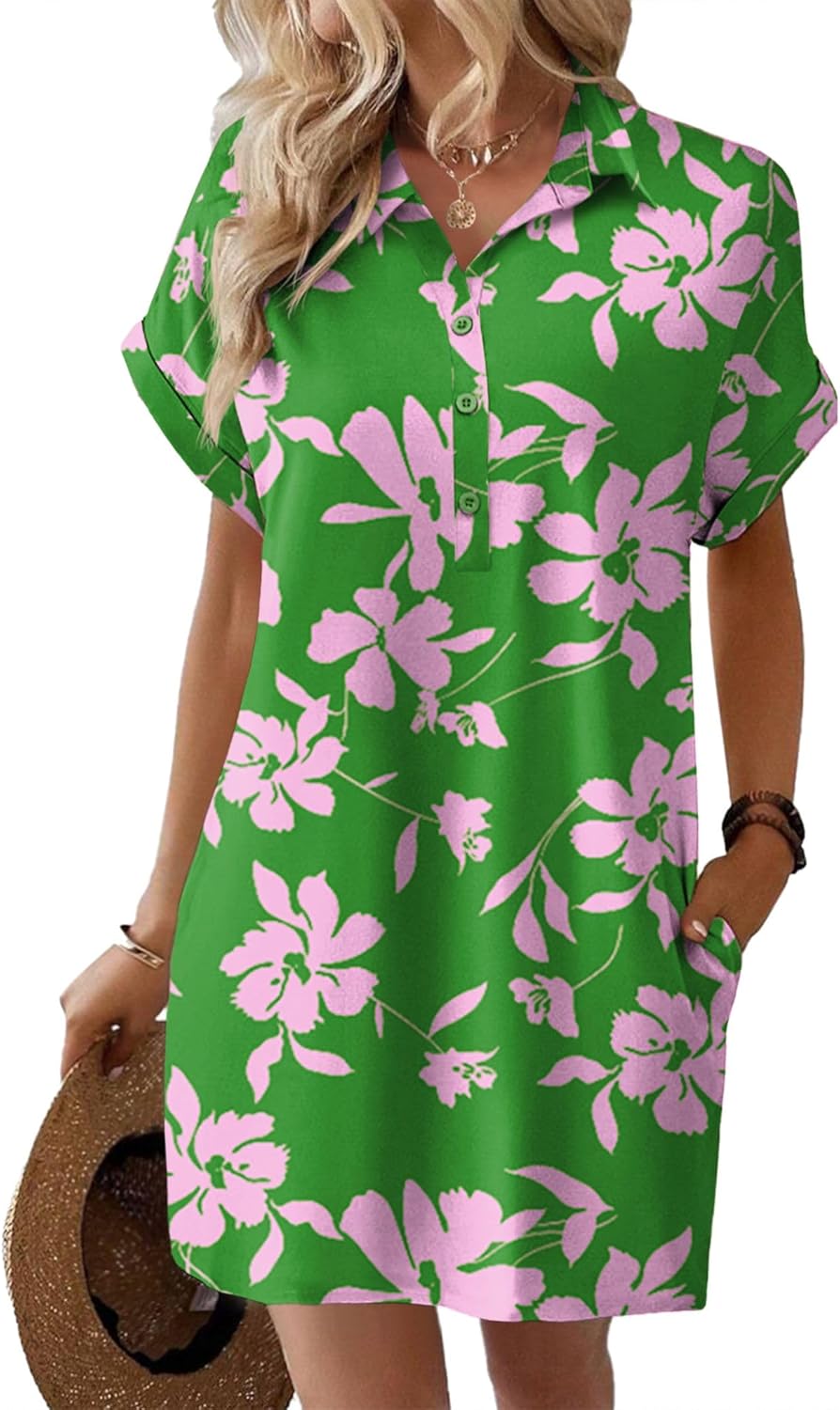 HOTOUCH Womens Summer Shirt Dress Short Sleeve Floral Shift Dress