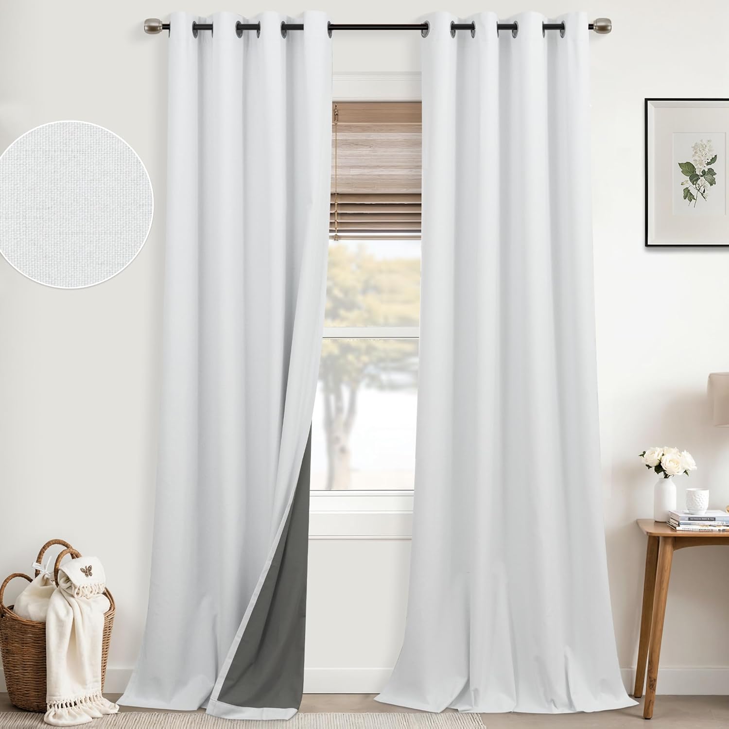 Mrs.Naturall White Grommet Linen Blackout Curtains 52x90 in