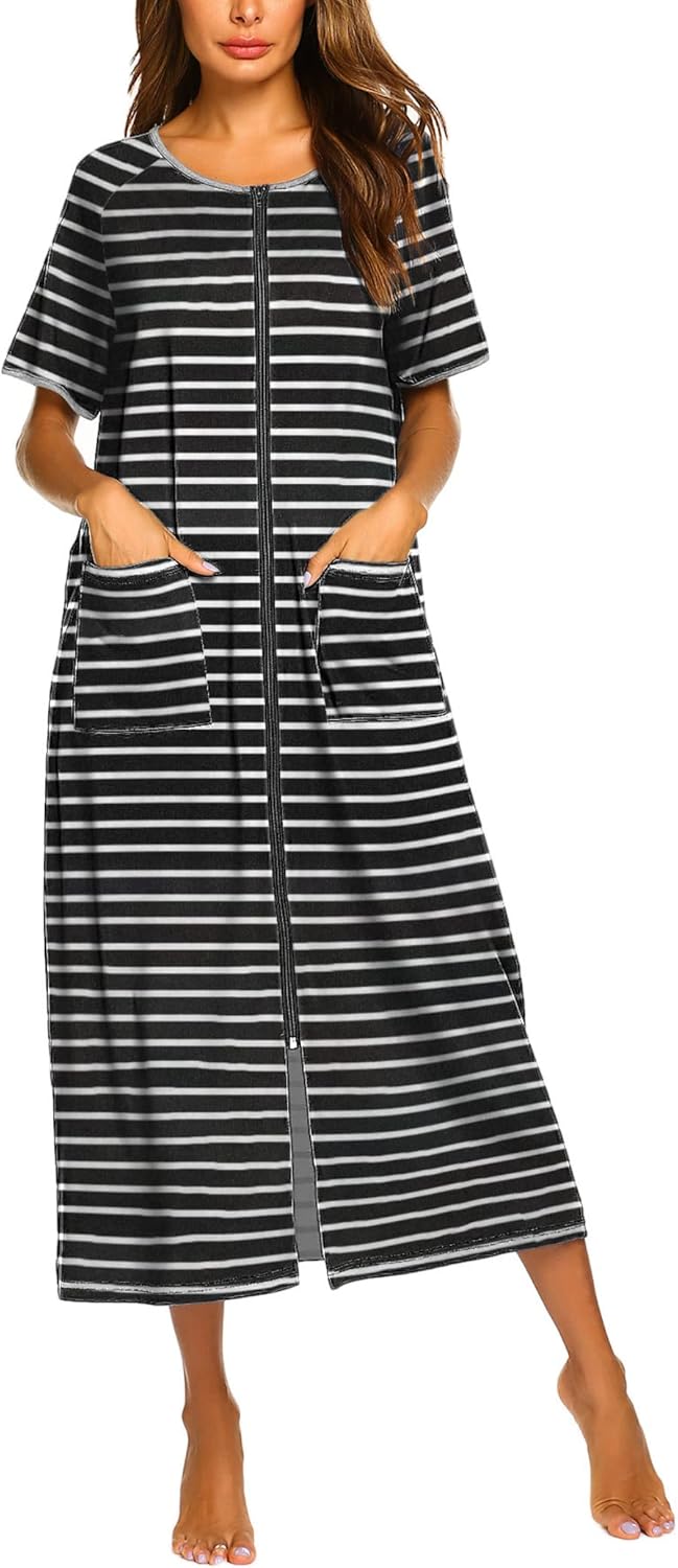 Ekouaer Women Robes Zipper Front Short Sleeve Full Length Housecoat