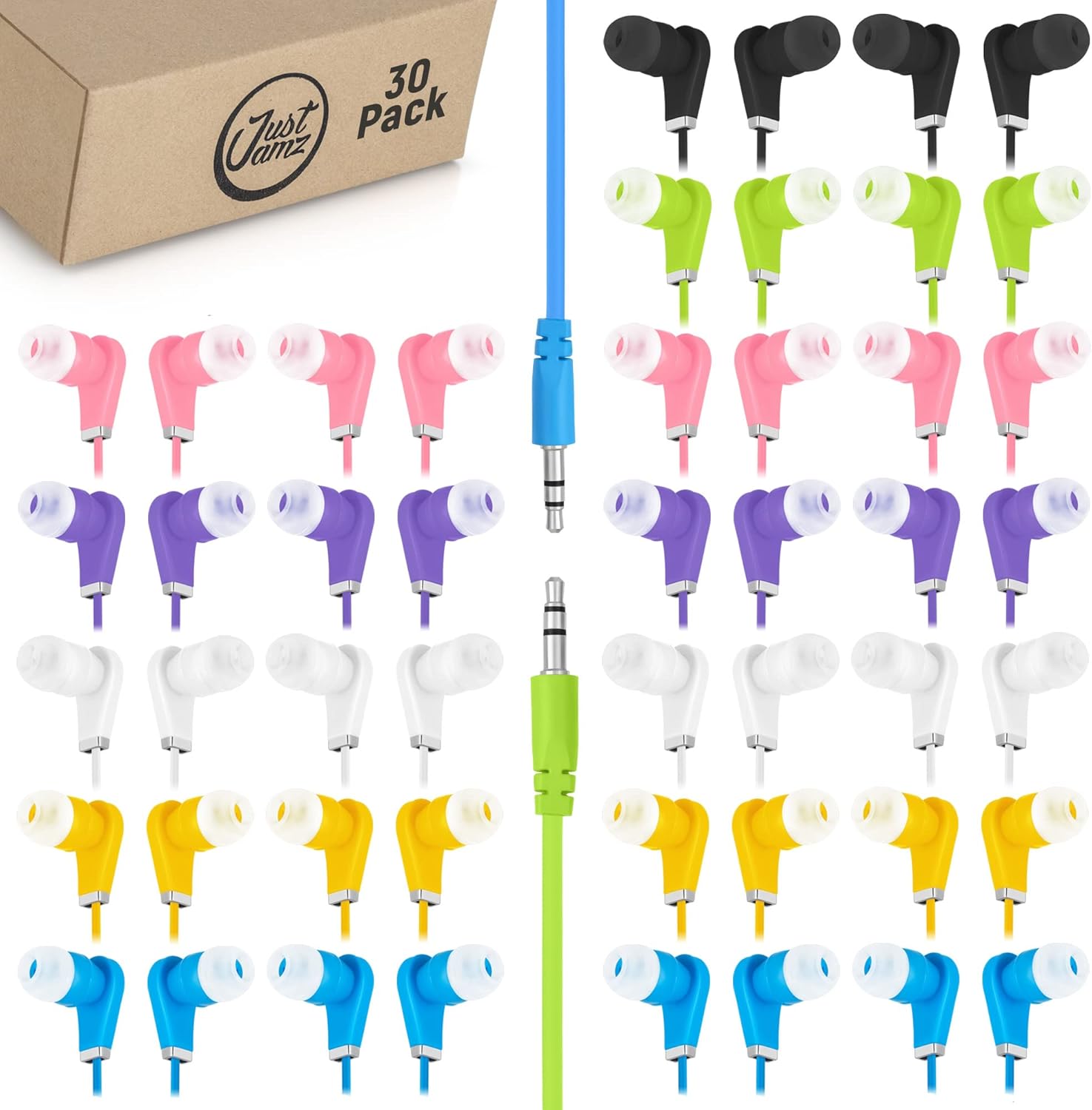 JustJamz 30 Pack Colorful Bulk Earbuds - Perfect for Schools!