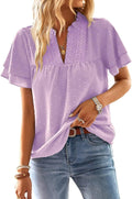 Womens Butterfly Sleeve V Neck Blouse - Flowy Swiss Dot Ruffle