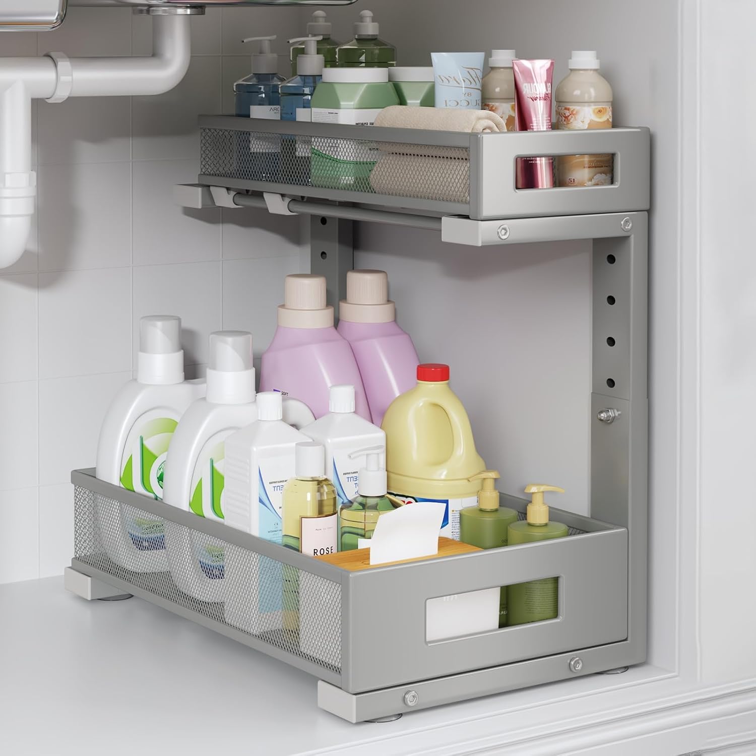 Under Sink Storage Organizer - Large 2-Tier Mesh Pull Out Shelf