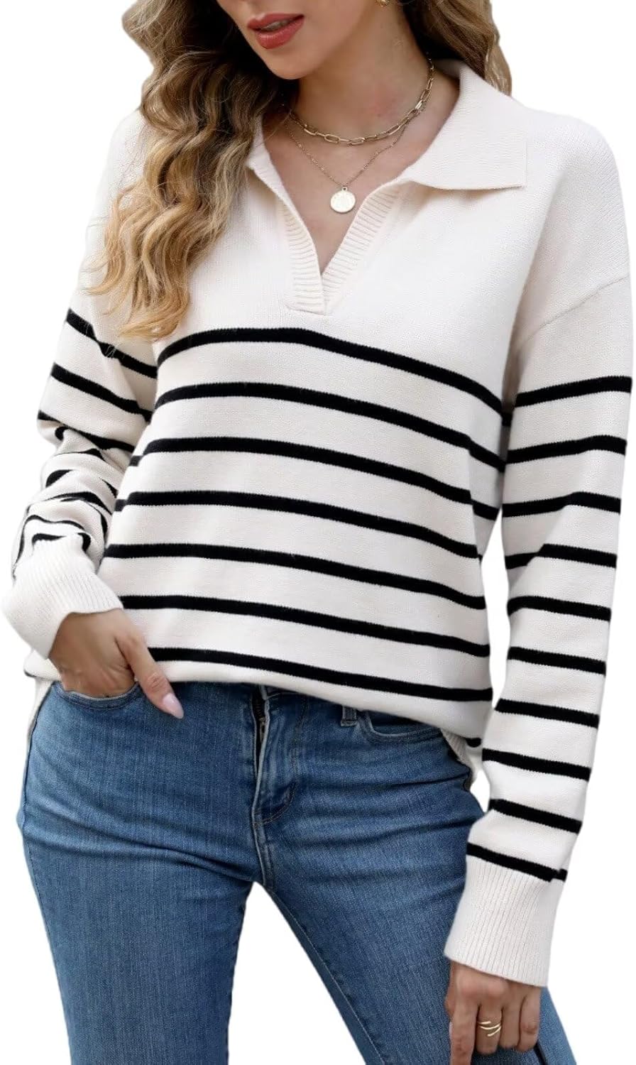 CiCiBird Women Fall V Neck Sweater Color Block Casual Pullover