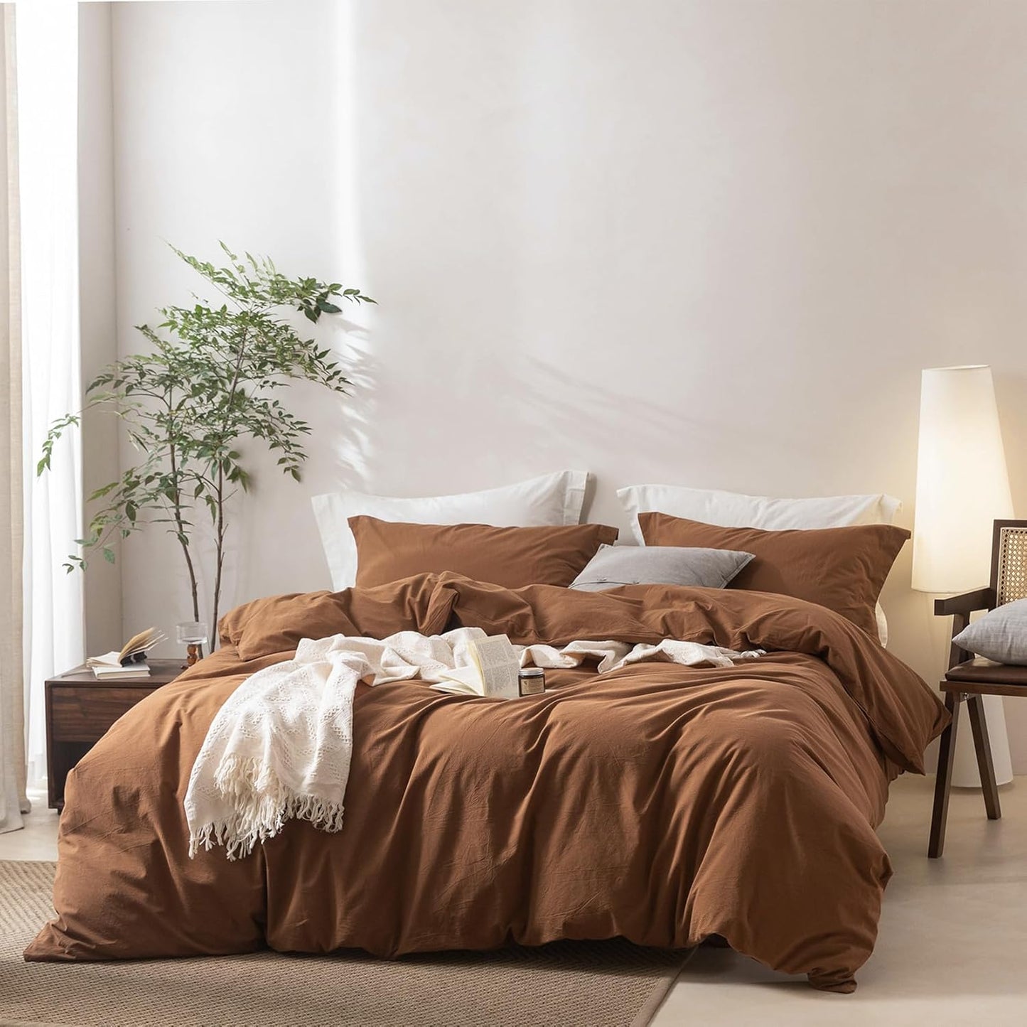 Linen Feel Dark Orange Duvet Cover King Size for Cozy Sleep