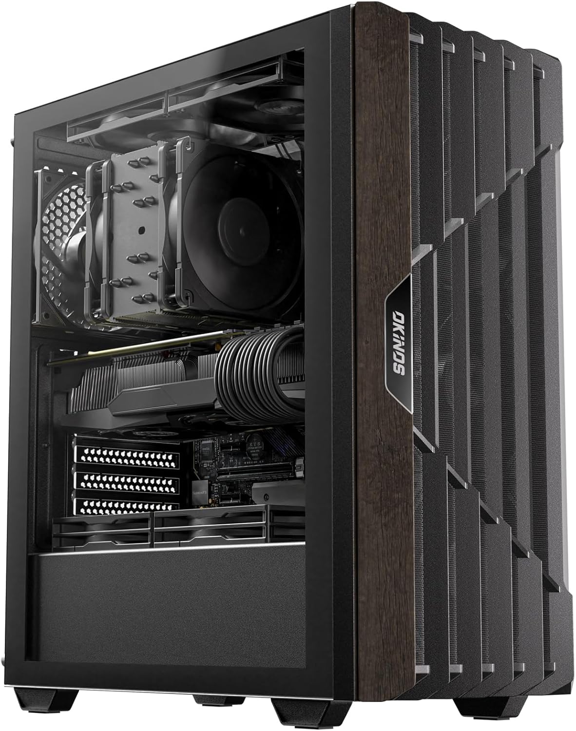 Oak Wood ATX PC Case with Tempered Glass and 4 Fans Included