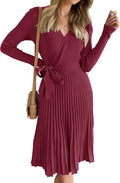 Women's Fall Wrap V Neck Ribbed Knit Pleated A Line Dress - Midi