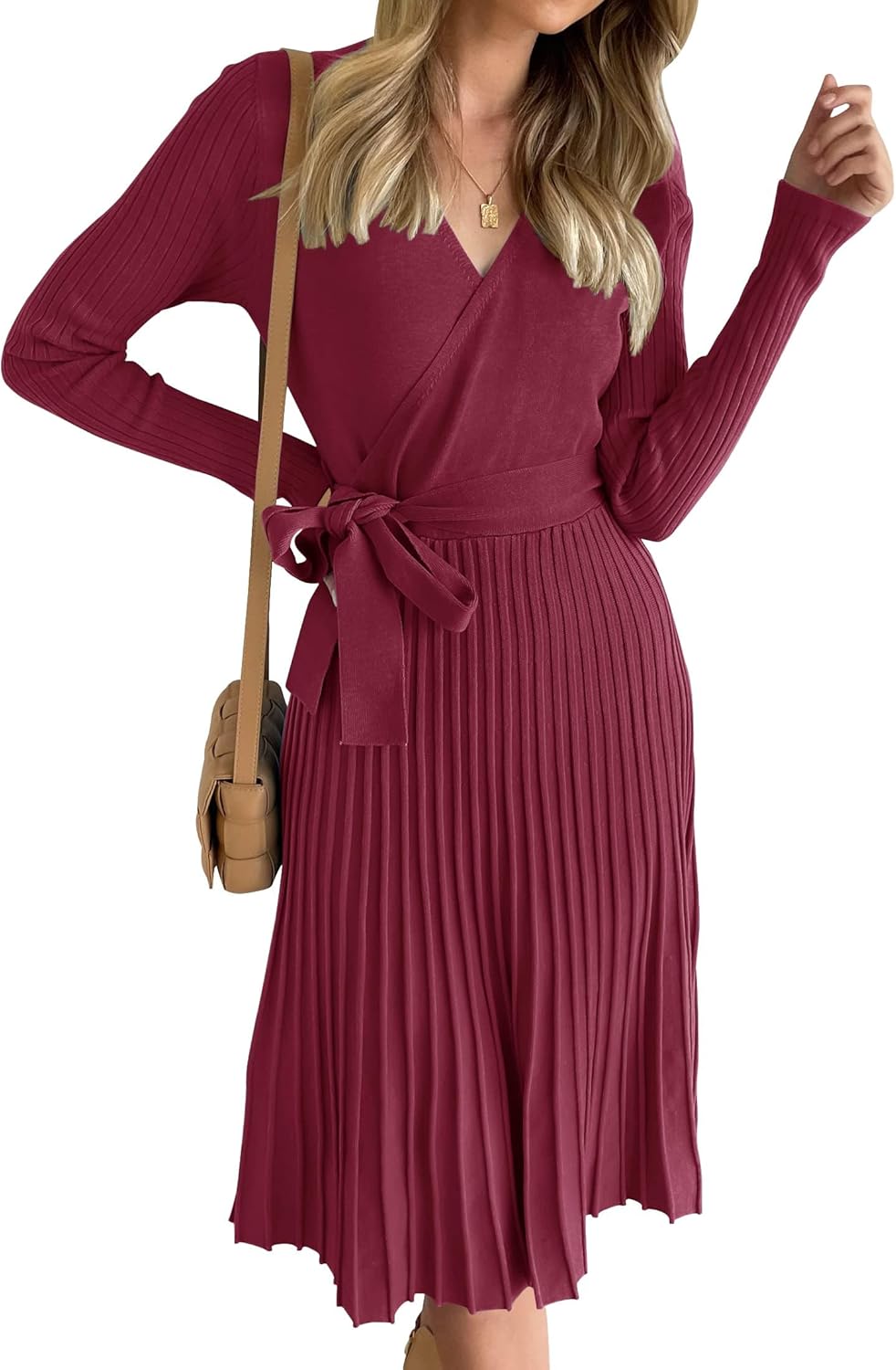 ZESICA Women's Fall Long Sleeve Wrap V Neck Sweater Dress