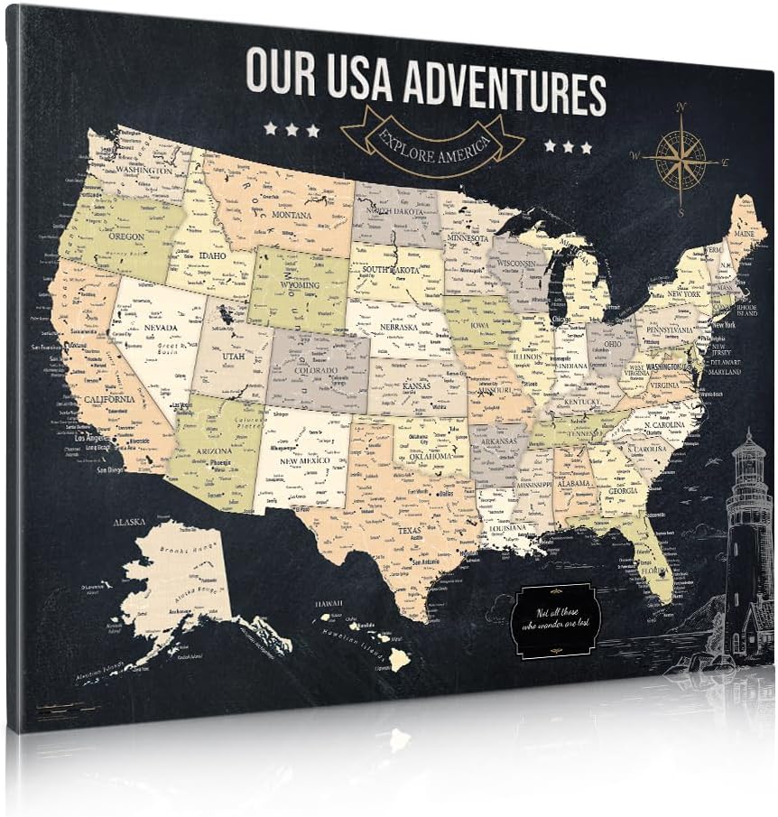 Canvas USA Map Painting for Wall Decor - Large Pinnable Map
