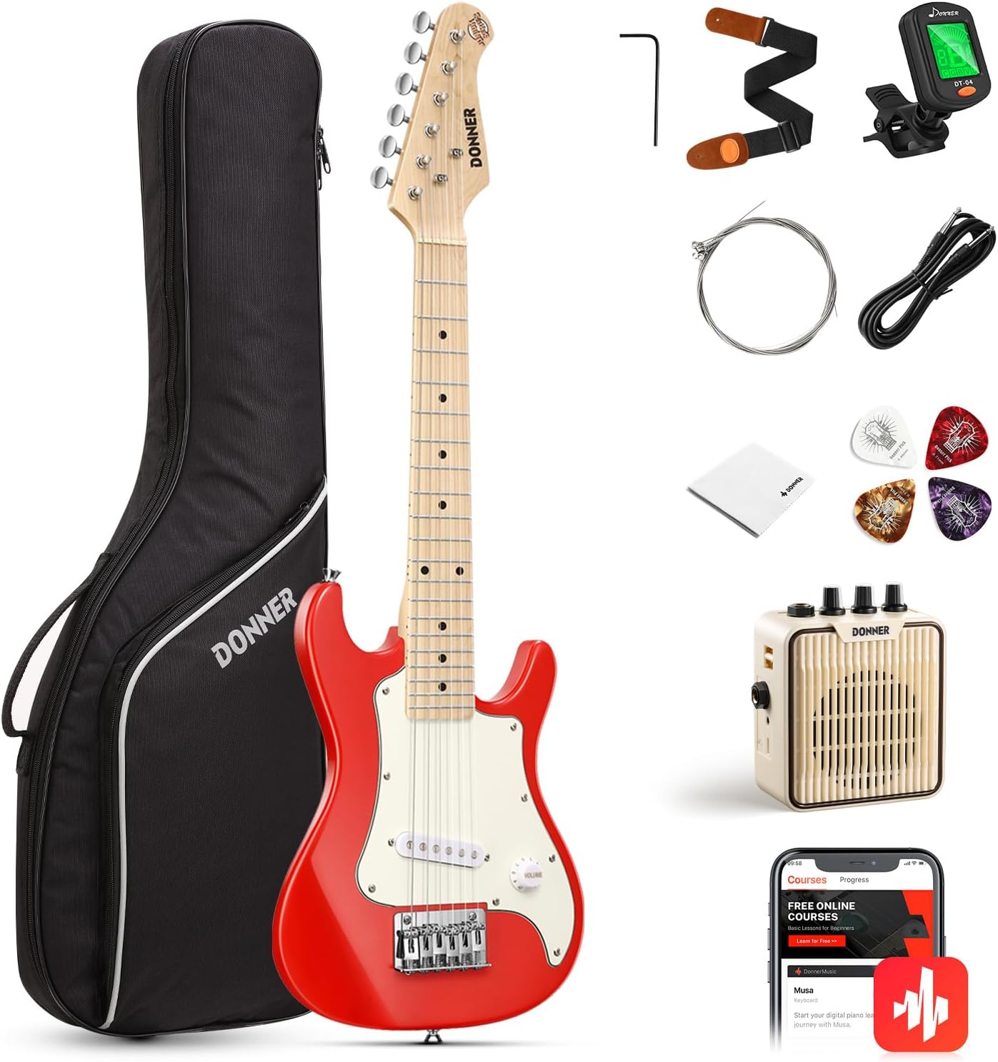 Donner 30 Inch Kids Electric Guitar Kit - Red, Complete with everything your young musician needs!