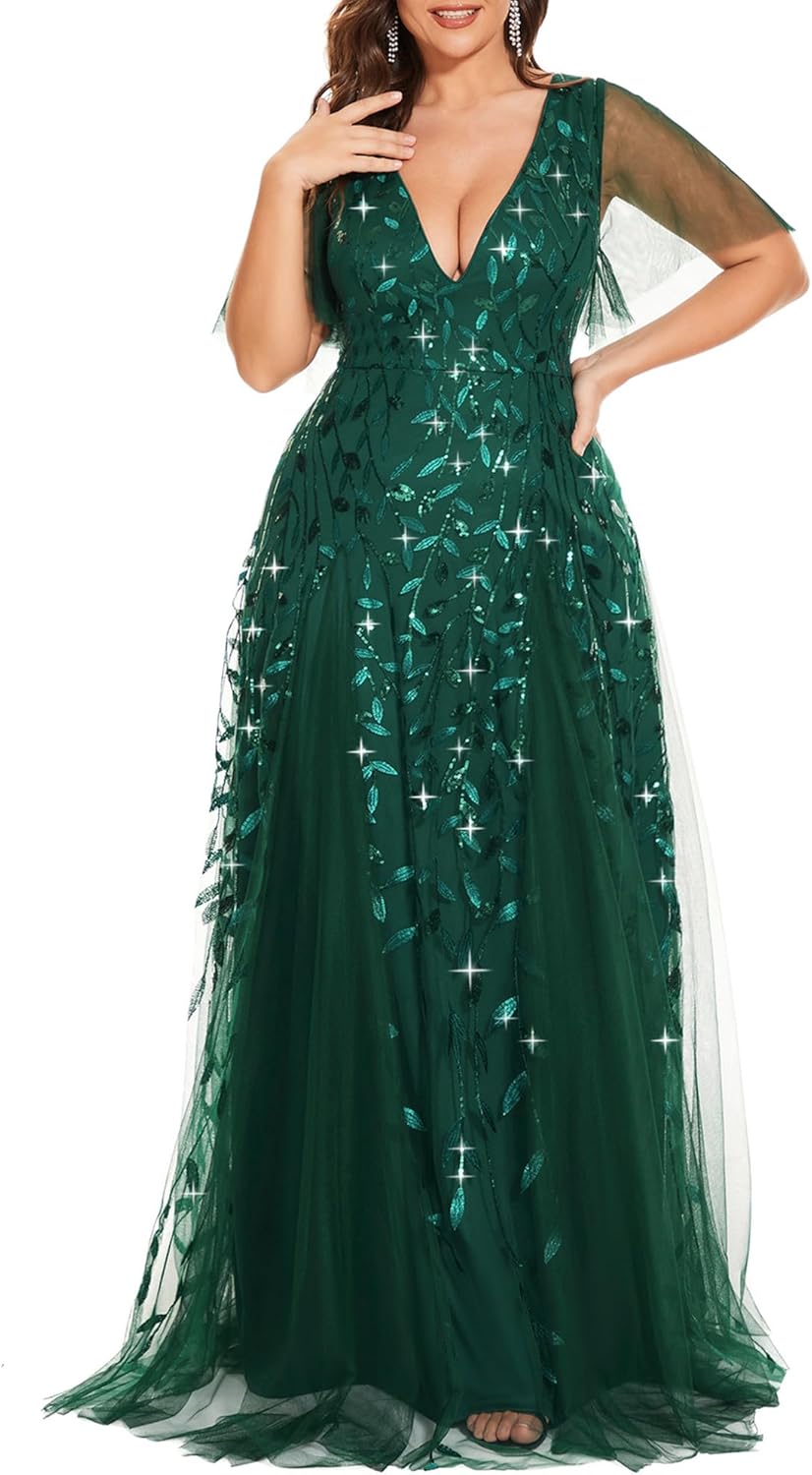 Plus Size V-Neck Sequin Embroidery A-Line Evening Dress