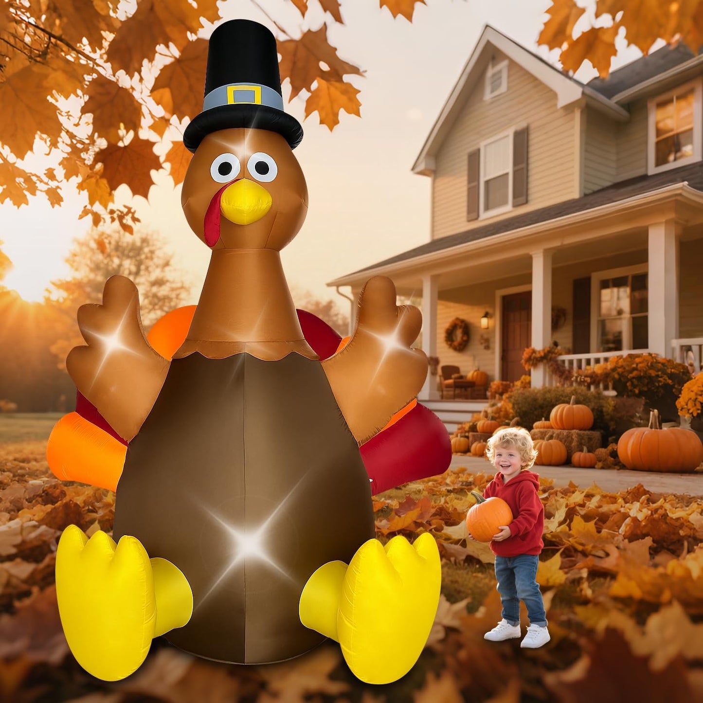 8FT Thanksgiving Inflatables Turkey with LED Lights for Yard