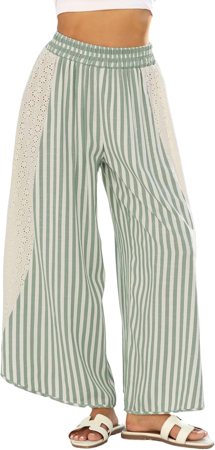 Athlisan Womens Summer Casual Loose Striped Wide Leg Pants