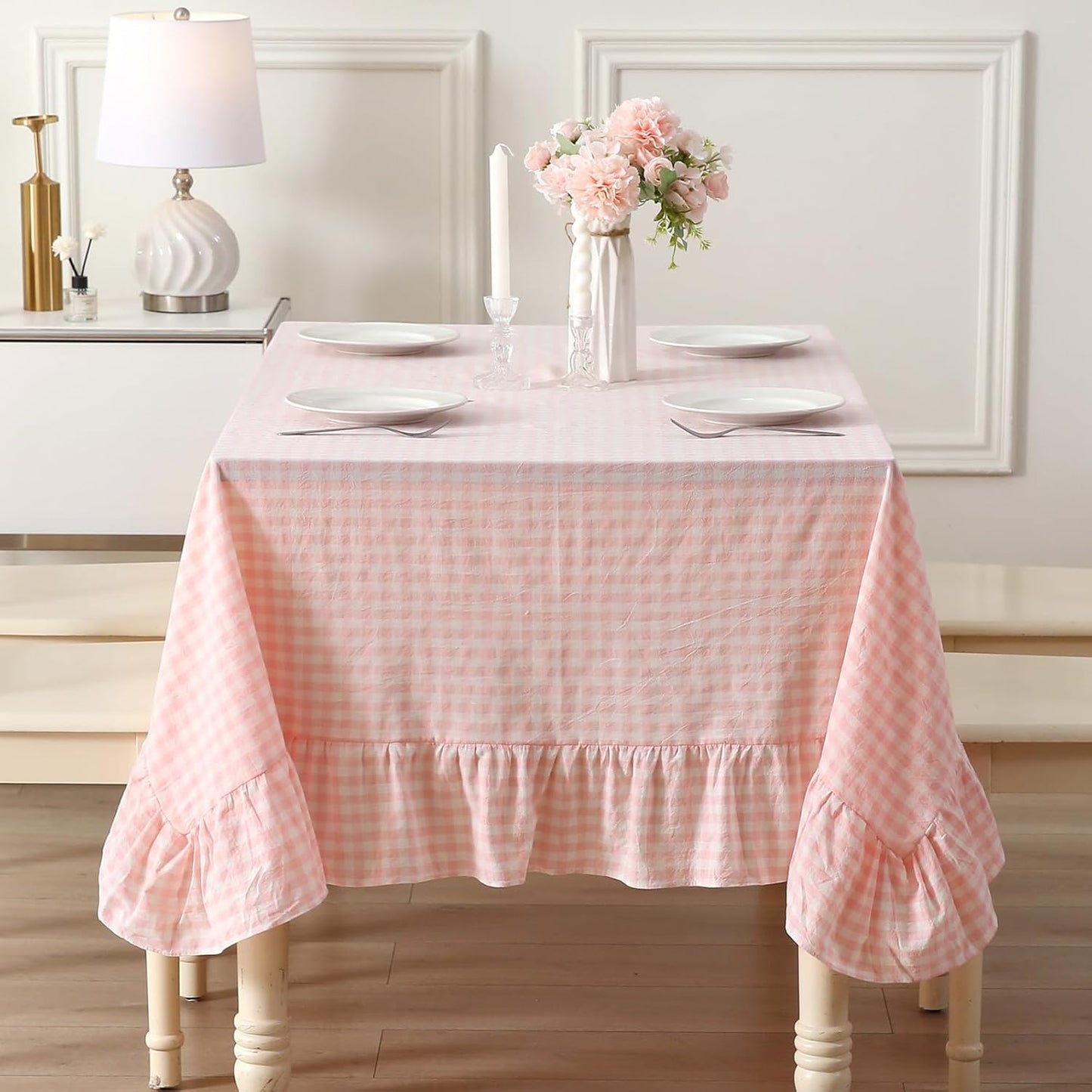 Blush White Plaid Ruffled Table Cloth for 8-10 Seats, 120x60