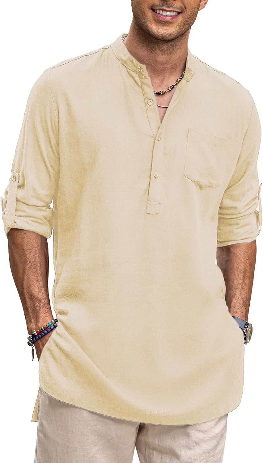 COOFANDY Men's Linen Henley Shirts for Casual Summer Style