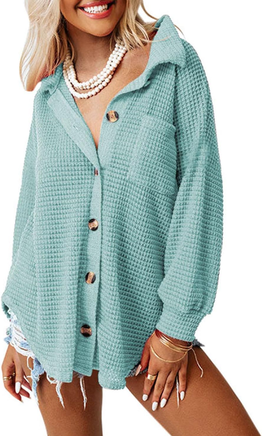 Dokotoo Womens Waffle Knit Shacket Jacket for Casual Style