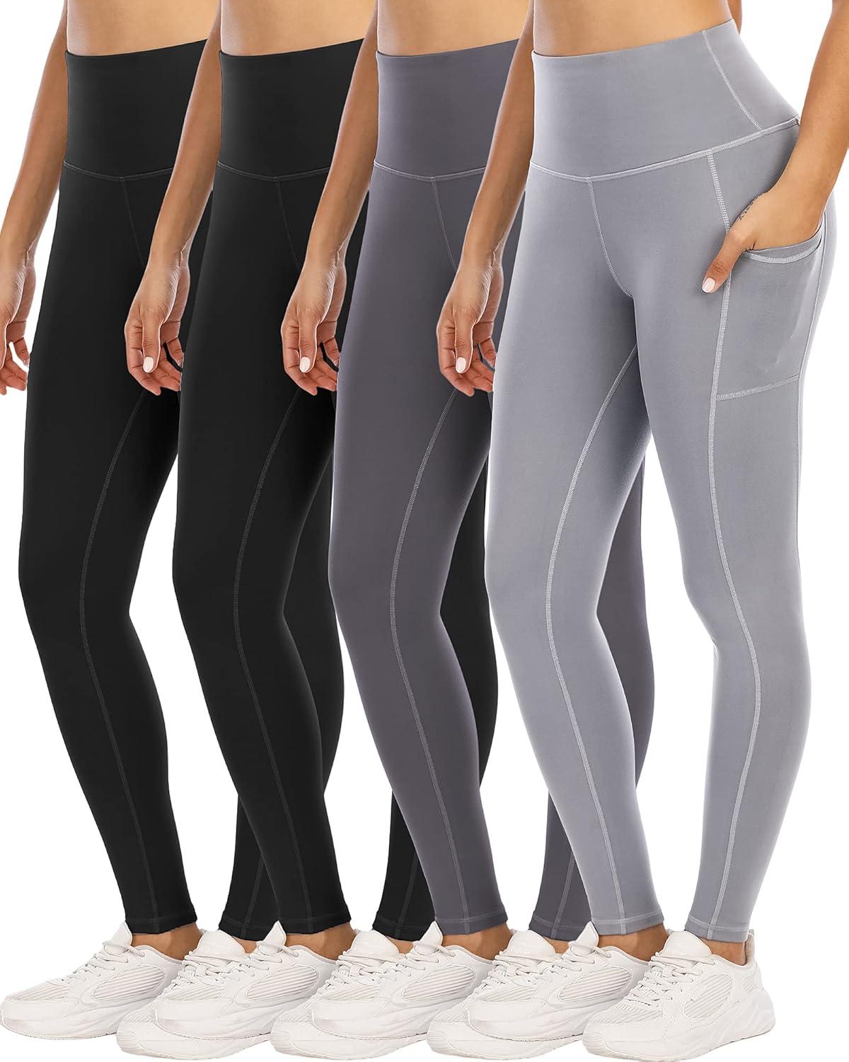 4 Pack Leggings with Pockets for Women, High Waist Tummy Control