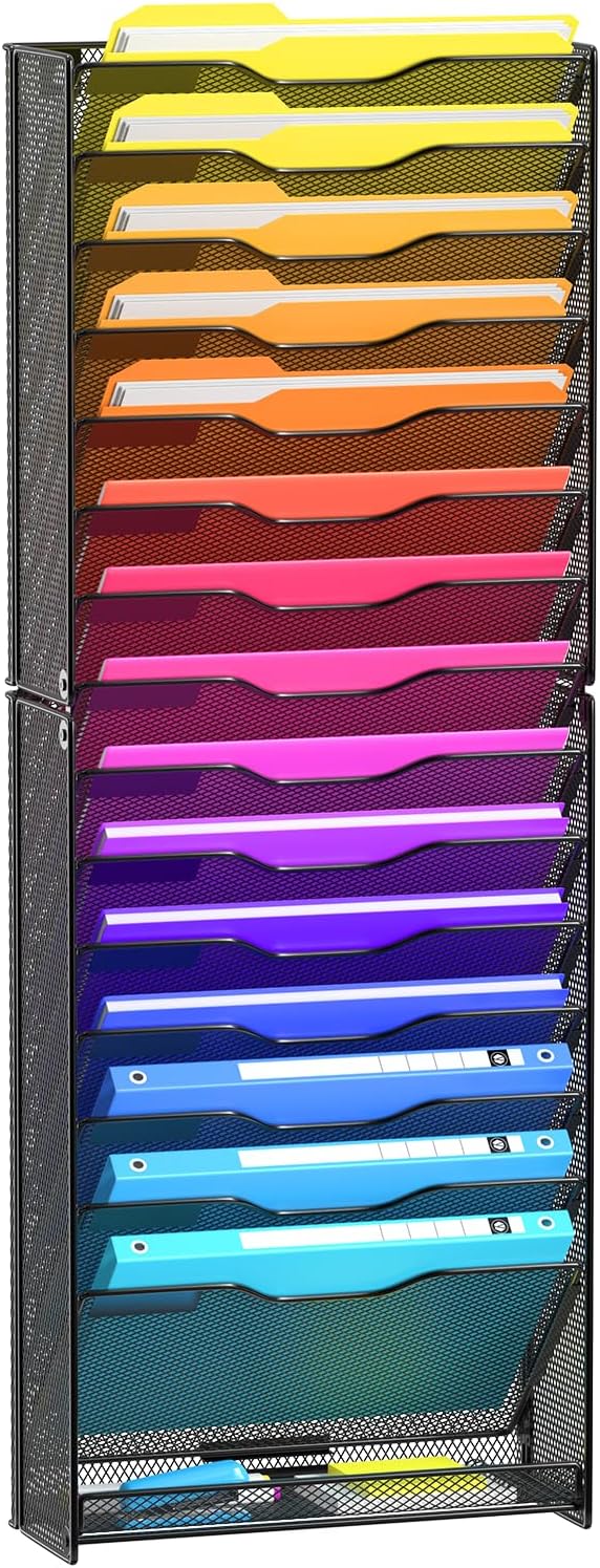 Wall File Organizer - 16-Tier Mesh Document Rack for Home Use