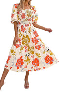 PRETTYGARDEN Women's Smocked Puff Sleeve Midi Dress - Flowy Boho Fit