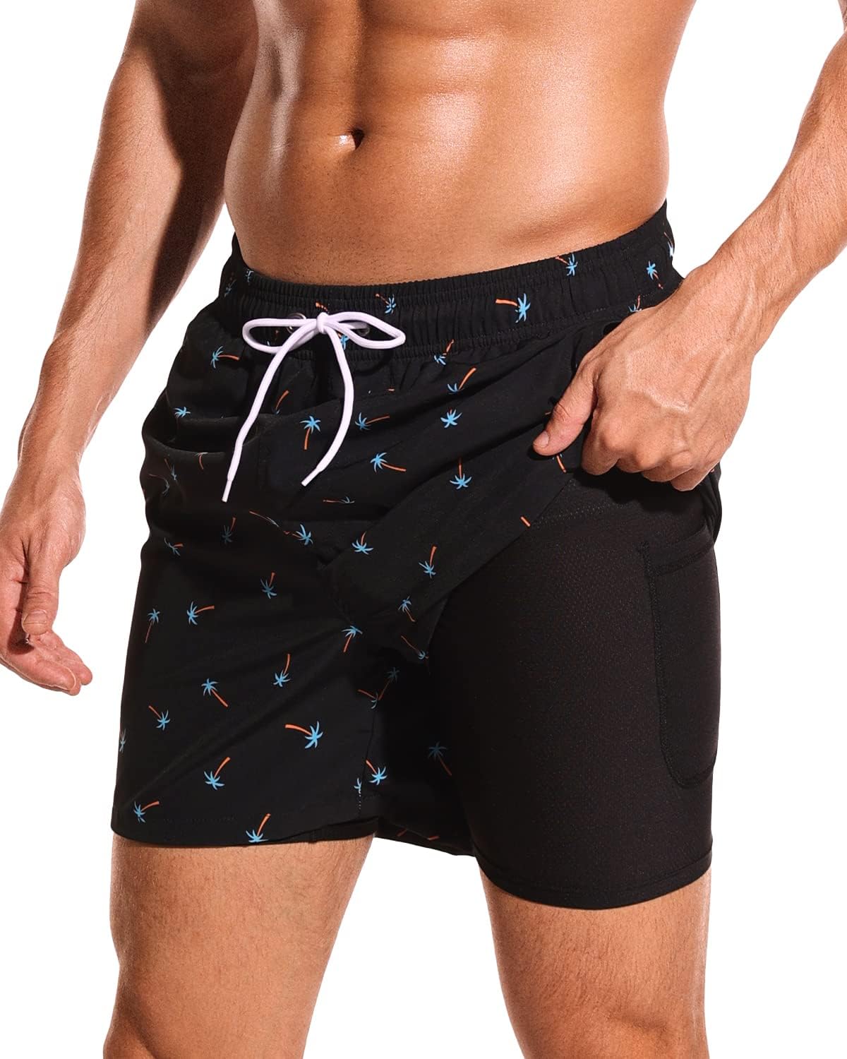SILKWORLD Mens Swimming Trunks with Compression Liner for Comfort