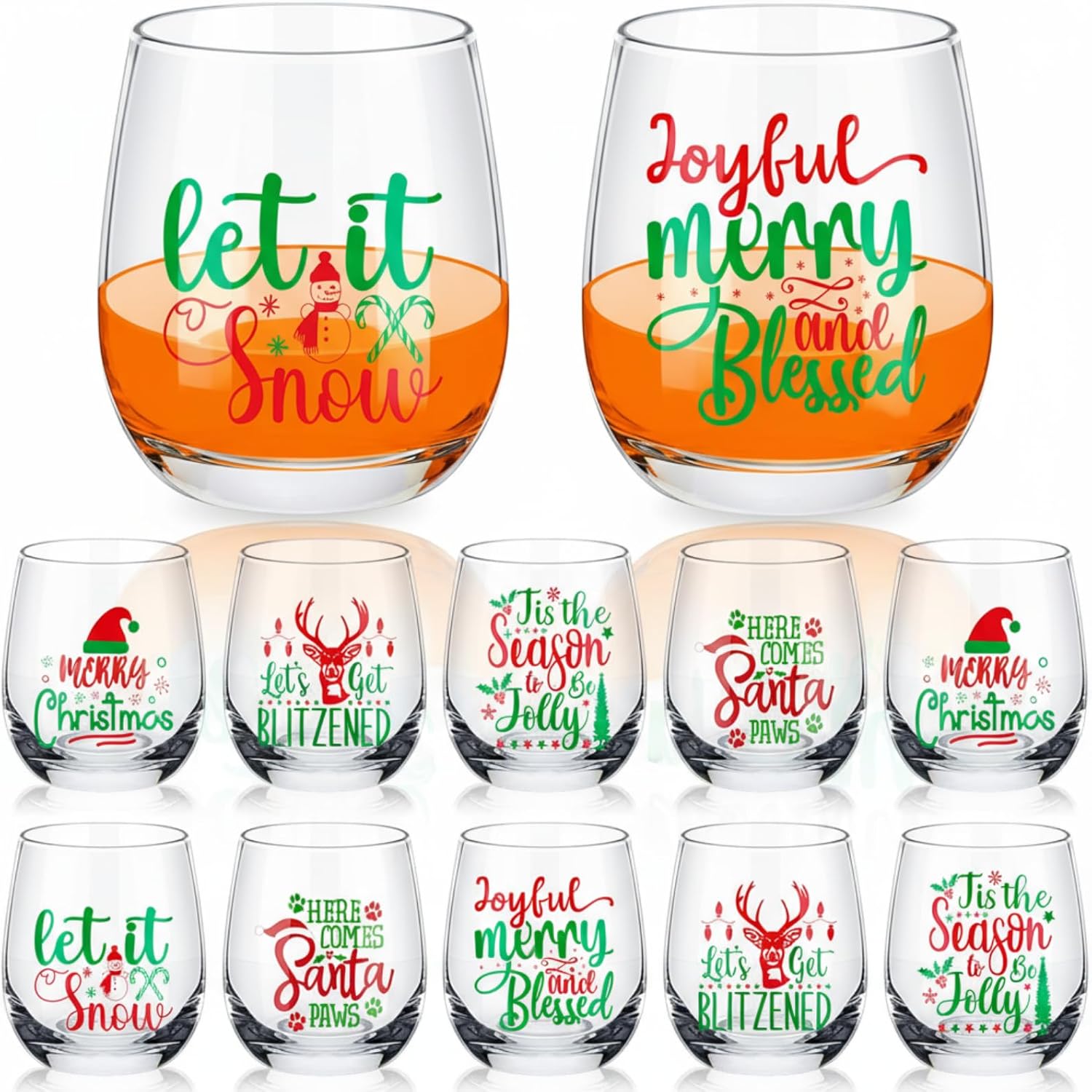 12 Pcs Christmas Stemless Wine Glass Set for Holiday Cheer