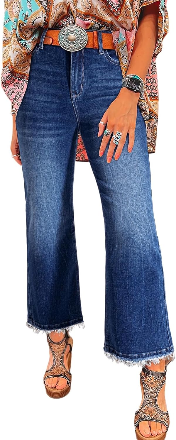 Astylish Womens High Waisted Jeans with Trendy Raw Hem Style