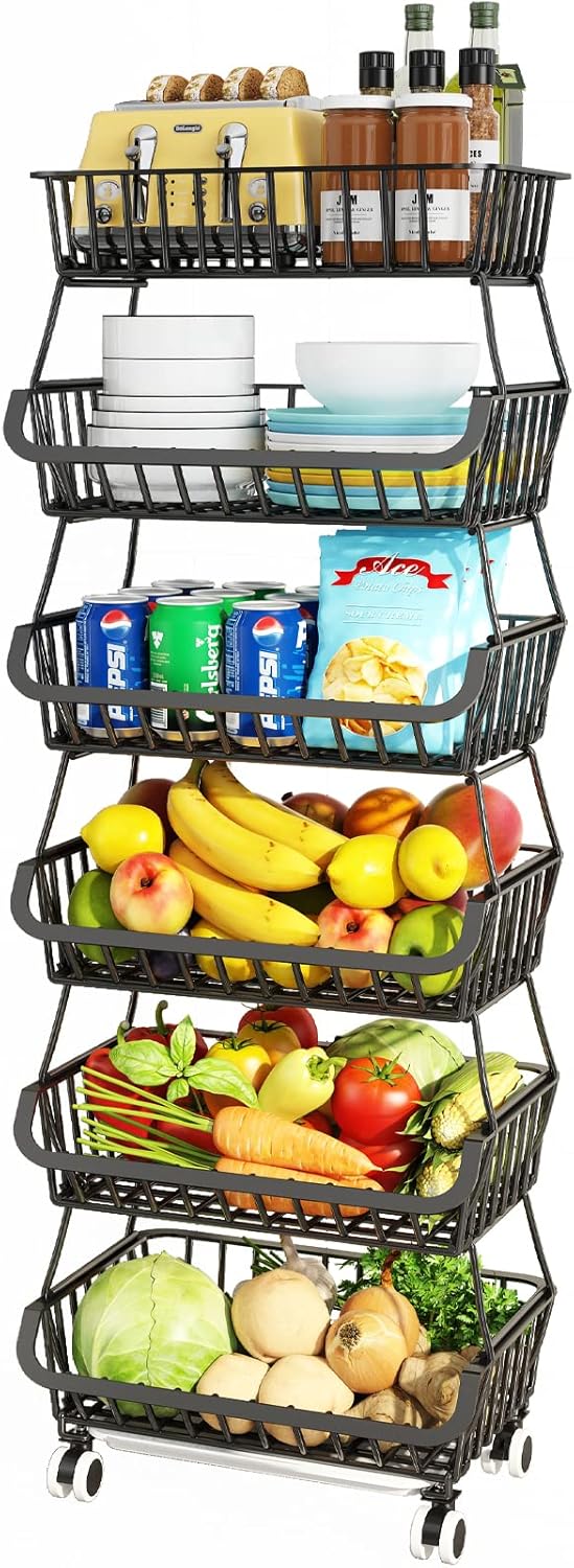 6 Tier Fruit Basket for Kitchen - Stackable Wire Baskets