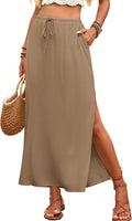 Linen Straight Maxi Skirt for Women - Elastic Waist with Pockets