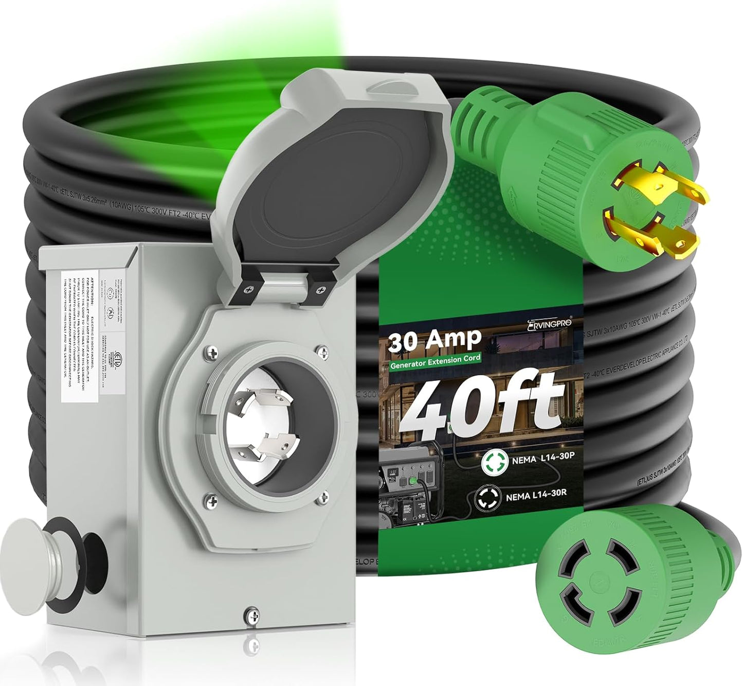 30 Amp Generator Cord 40FT with Pre-Drilled Inlet Box Kit