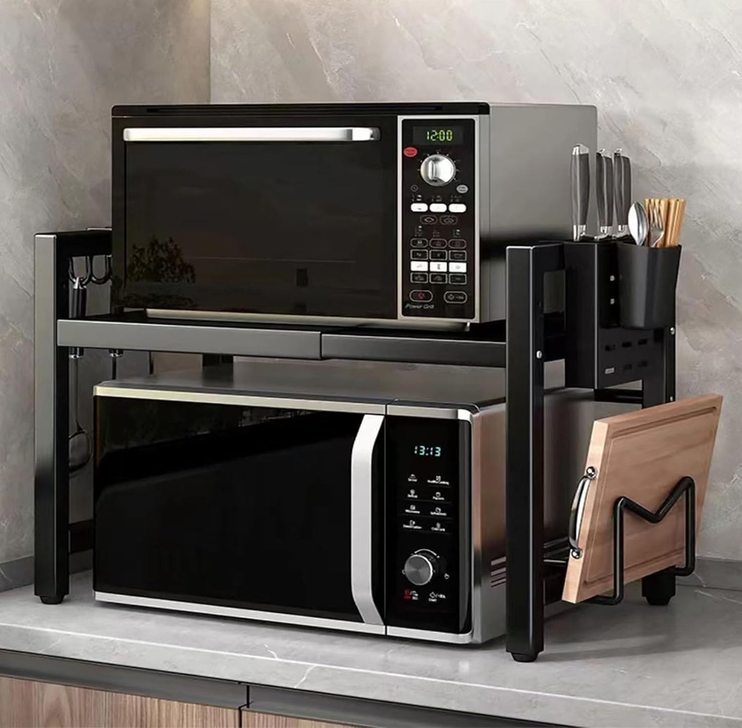 Space-saving Microwave Rack with 6 Hooks & Storage Shelf by Homgertu