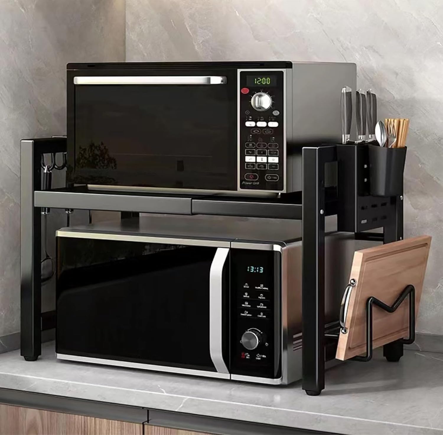 Space-saving Microwave Rack with 6 Hooks & Storage Shelf by Homgertu