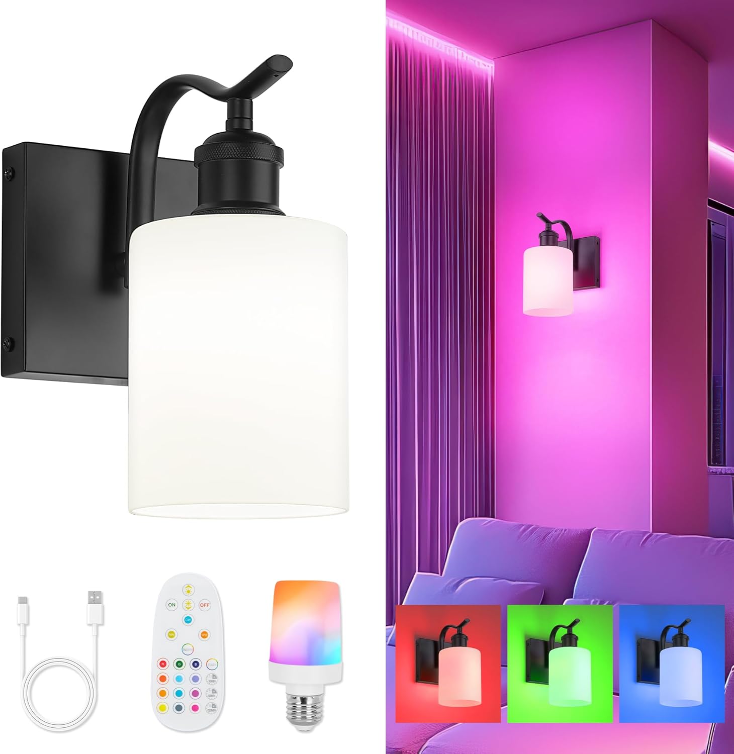 1-Light Bathroom Wall Sconce with Frosted Glass Shade and RGB