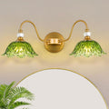 Vintage Bathroom Vanity Light with Floral Green Glass Shades - Retro
