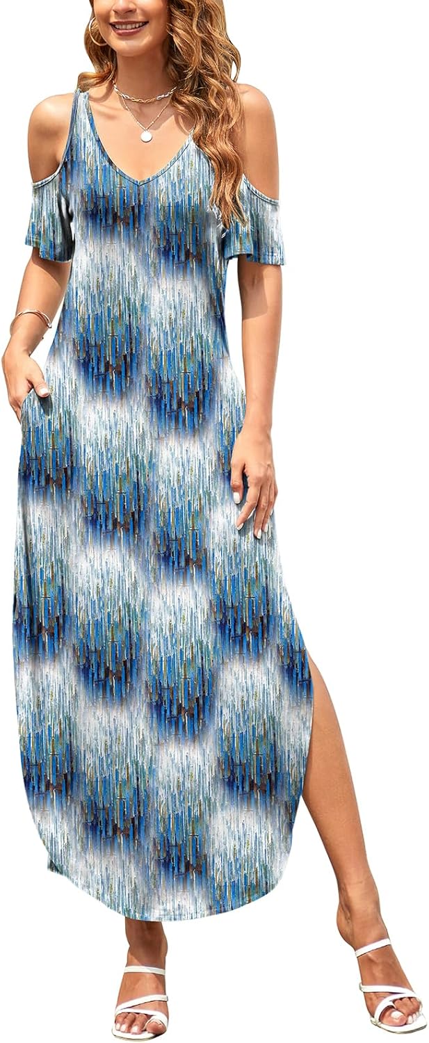 HUSKARY Women's Summer Maxi Dress with Cold Shoulder Design