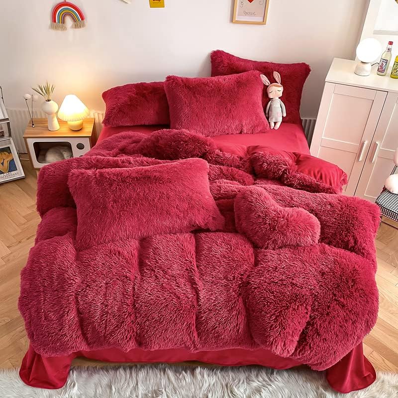 Chovy Faux Fur Plush Dark Red Comforter Set for Cozy Nights