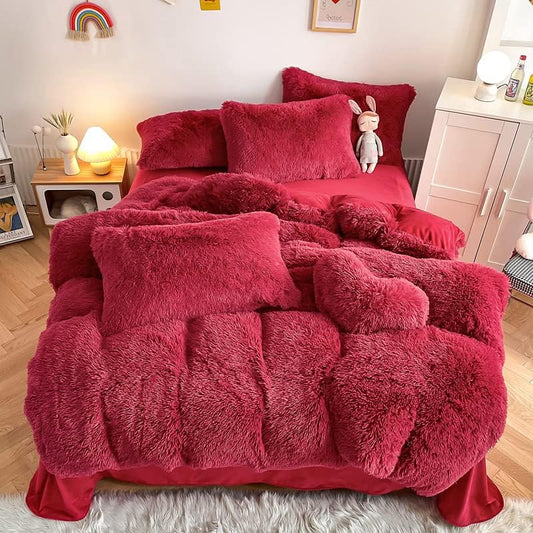 Chovy Faux Fur Plush Dark Red Comforter Set for Cozy Nights