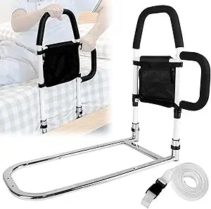 Durable Bed Rail for Elderly Adults with Storage Pocket & Grab Bars
