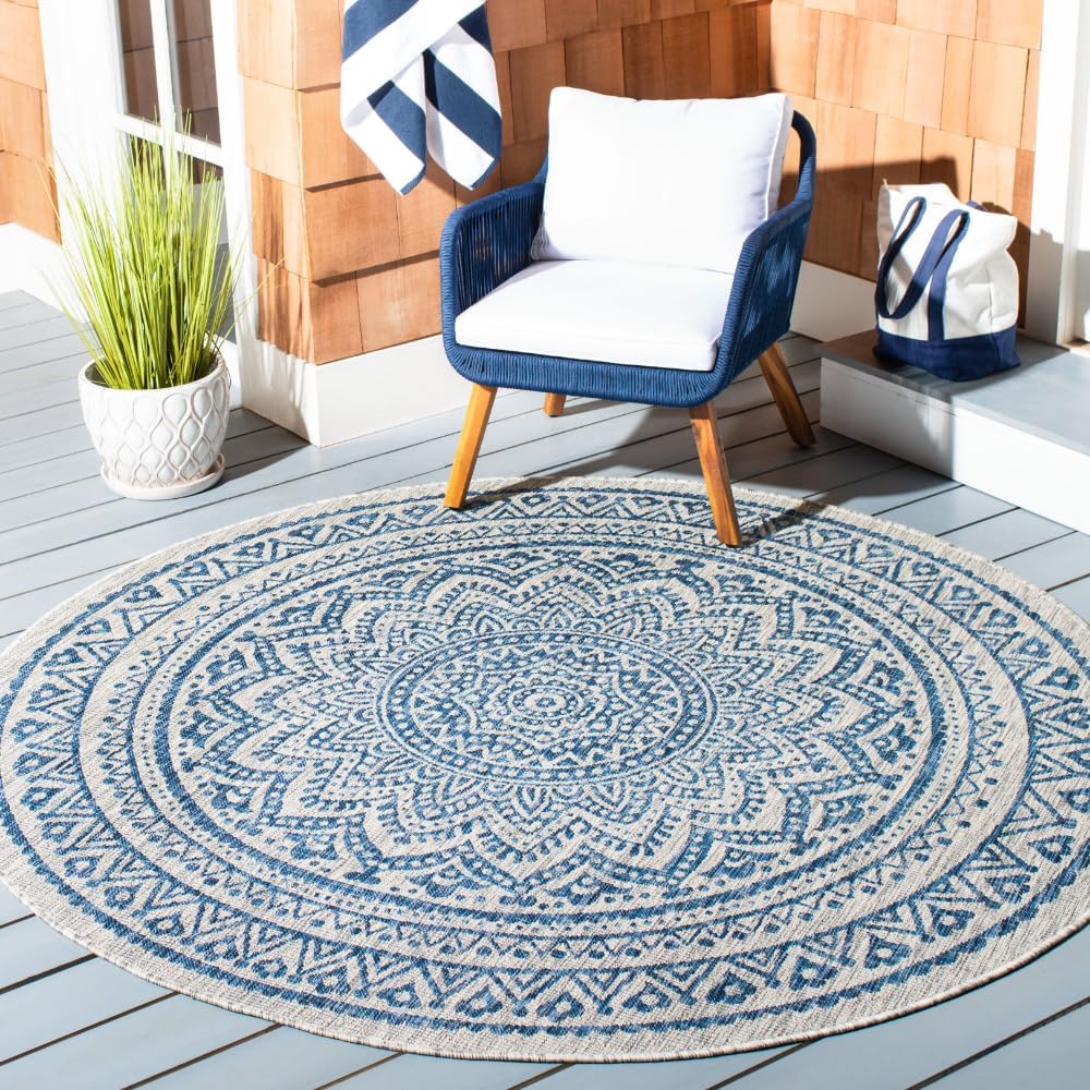 SAFAVIEH Washable Outdoor Rug - 9ft Round Light Grey & Blue