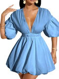 WDIRARA Women's Puff Sleeve Deep V Neck Flare Dress for Summer Fun