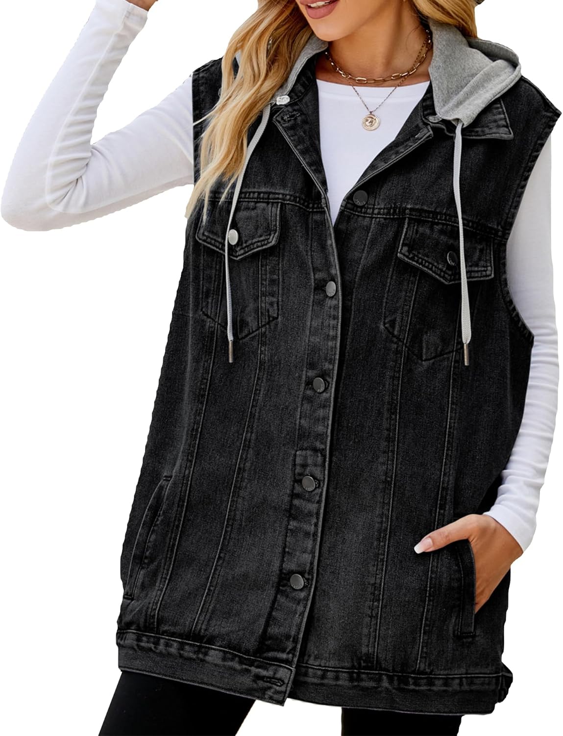 Oversized Denim Vest for Women - Stylish Mid Long Jean Jacket