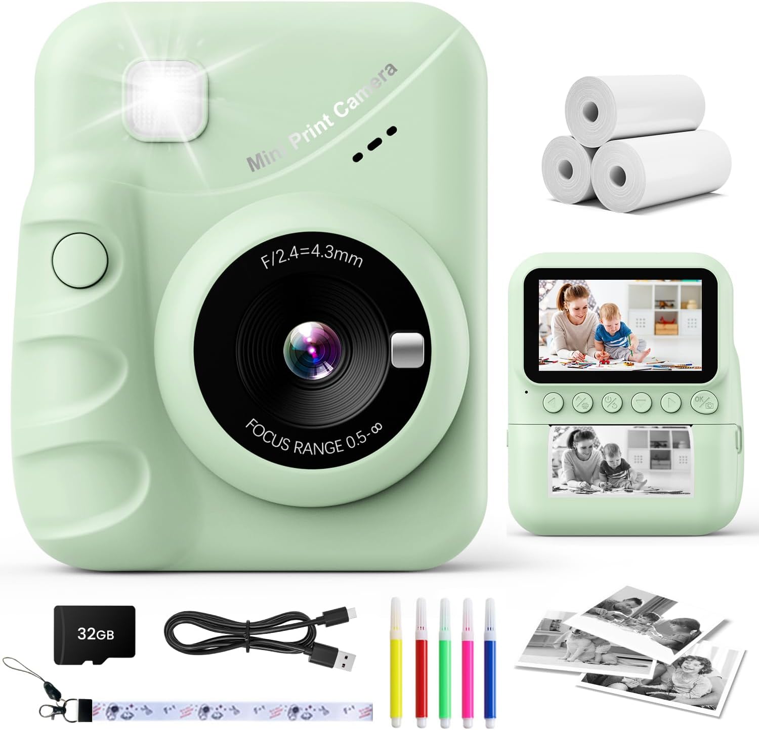 Instant Print Kids Camera: 48MP HD Photos, Green