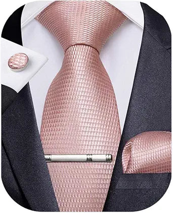 DiBanGu Plaid Tie Set with Pocket Square and Cufflinks for Men