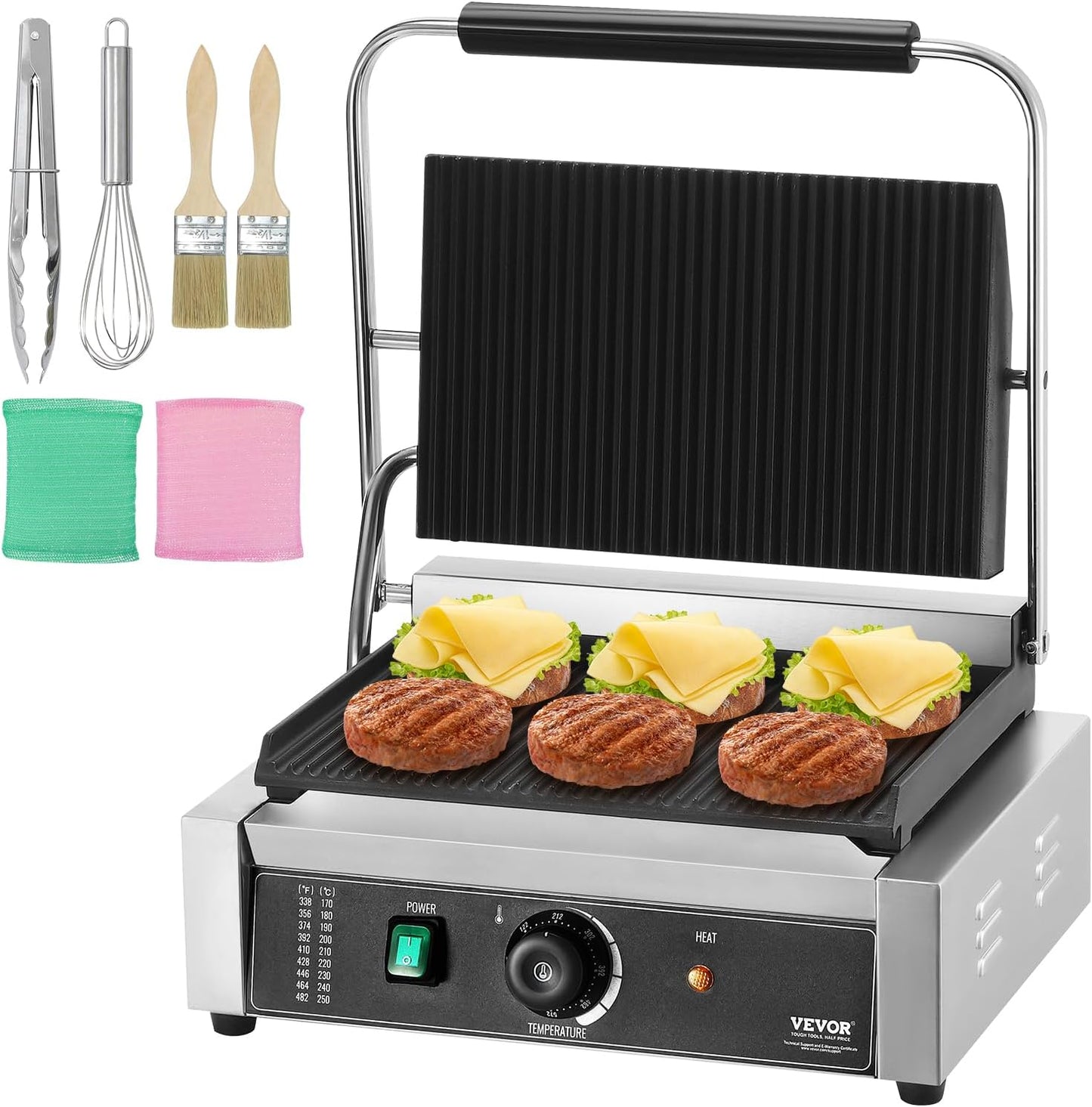 VEVOR 1800W Panini Grill: Temp Control, Full Enamel Plate