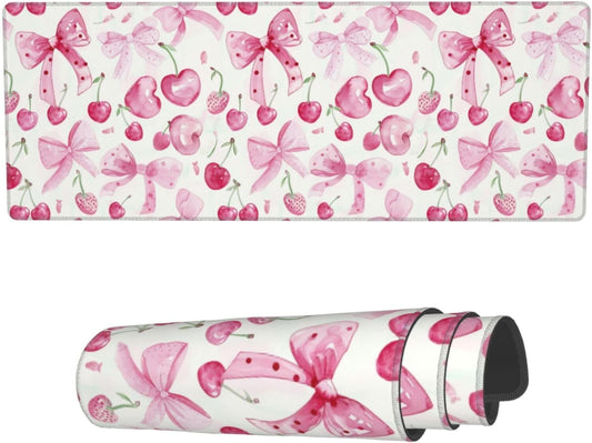 Famame Cute Bows Pink Cherry Desk Pad - Non-Slip & Large 31.5x11.8