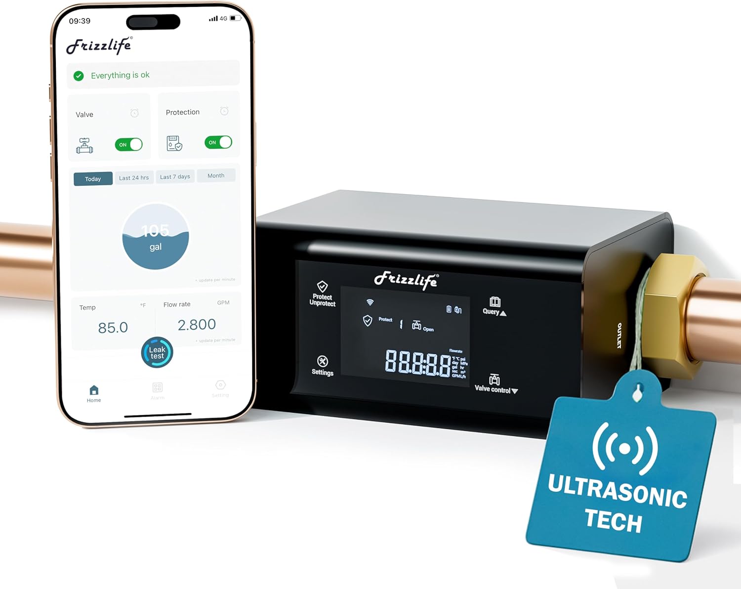 Frizzlife LP365 Smart Water Monitor with Ultrasonic Leak Detection