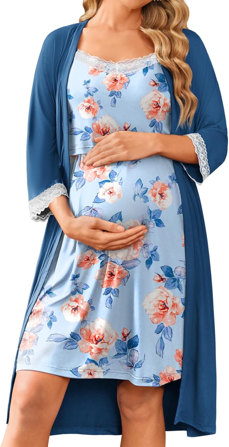 Ekouaer Women Lace Maternity Nursing Gown & Robe Set for Moms