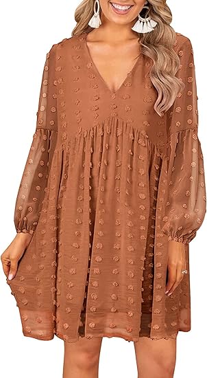 MIHOLL Women's V Neck Short Sleeve Ruffle Flowy Mini Dress